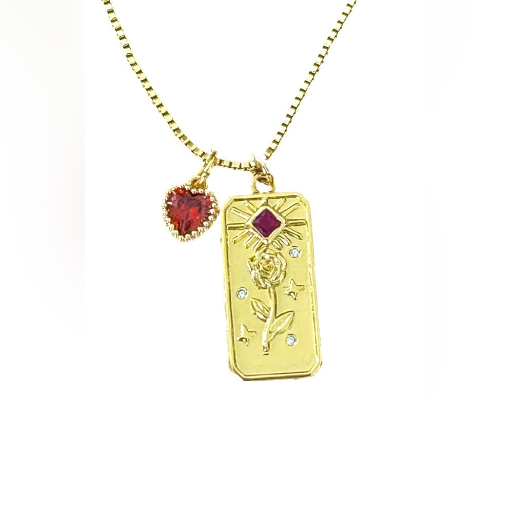 Ruby Red Cubic Zirconia Crystal Heart and Rose Pendents Necklace- New